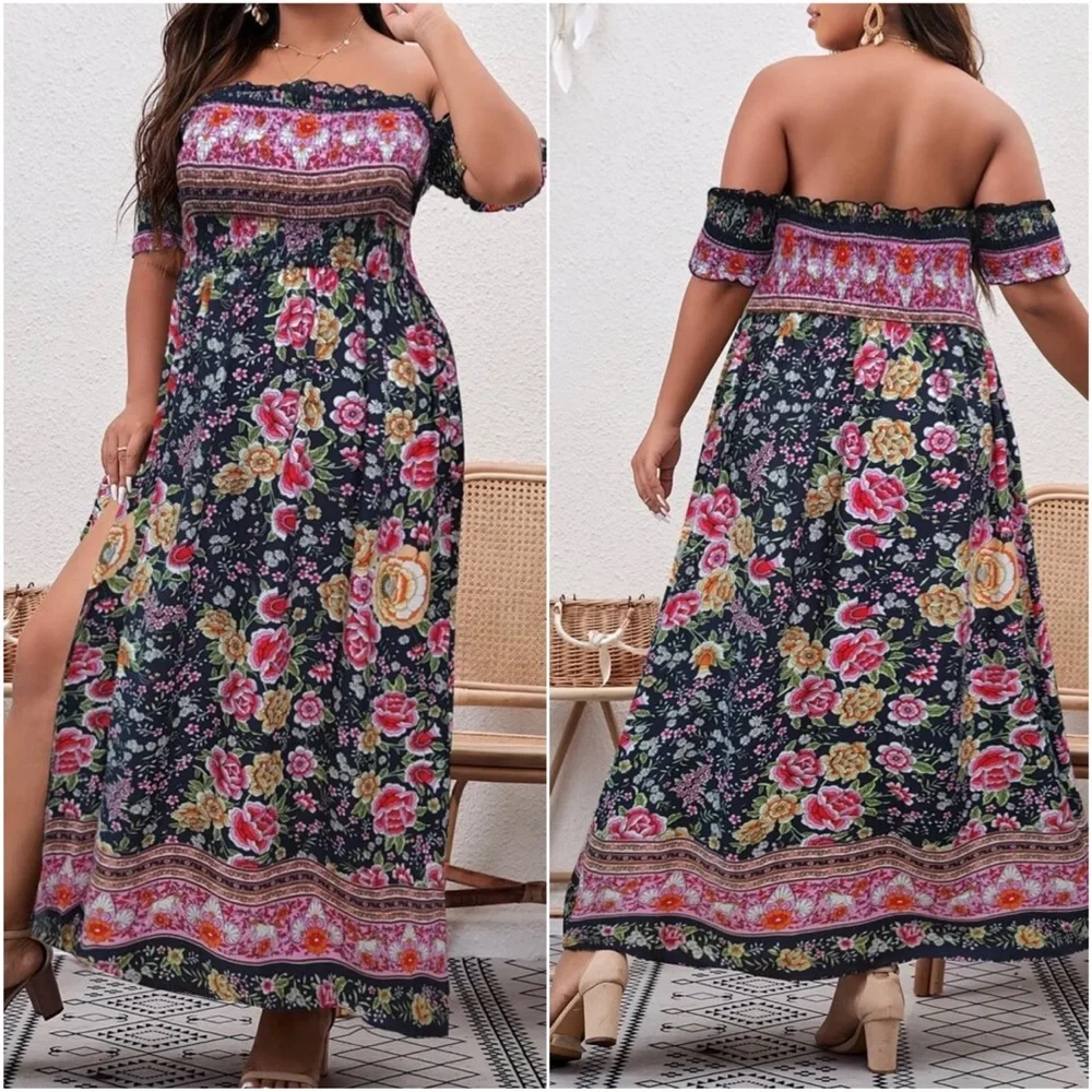 Boho Plus Floral Print Off Shoulder Maxi Dress - Picture 8 of 8